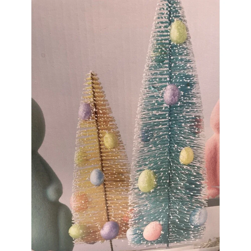 2 Flocked Bunnies Rabbits And 3 Bottlebrush Trees w Egg 5pc Easter Spring Decor